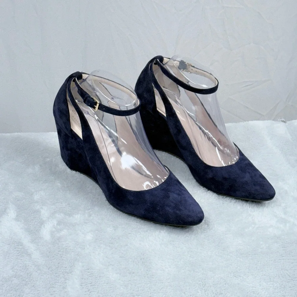 Cole Haan Lacey Suede Grand.OS Wedge Pump Women 8.5 Blue Ankle Strap Pointed Toe